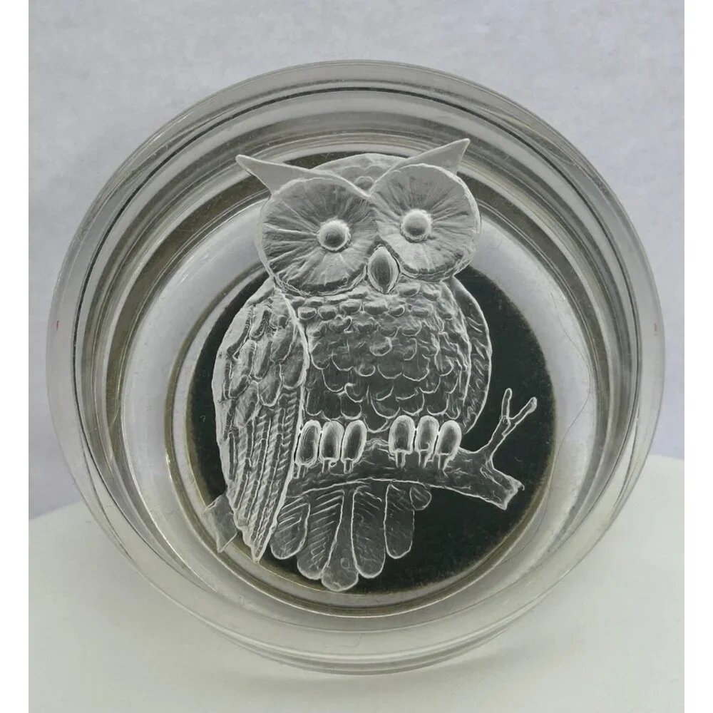 Trinket Jewelry Box Etched Owl Design Lid Round Clear & Black Vintage Look Retro